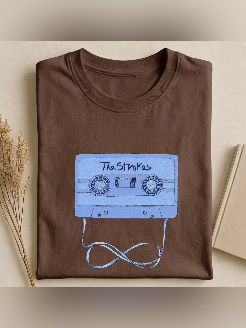 Dark Brown The Strokes Graphic Tee with Blue Cassette Design Unisex